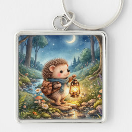 Cute Woodland Hedgehog With Lantern Fyrkantig Silverfärgad Nyckelring