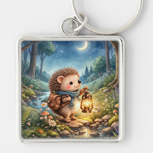 Cute Woodland Hedgehog With Lantern  Fyrkantig Silverfärgad Nyckelring (Framsidan)