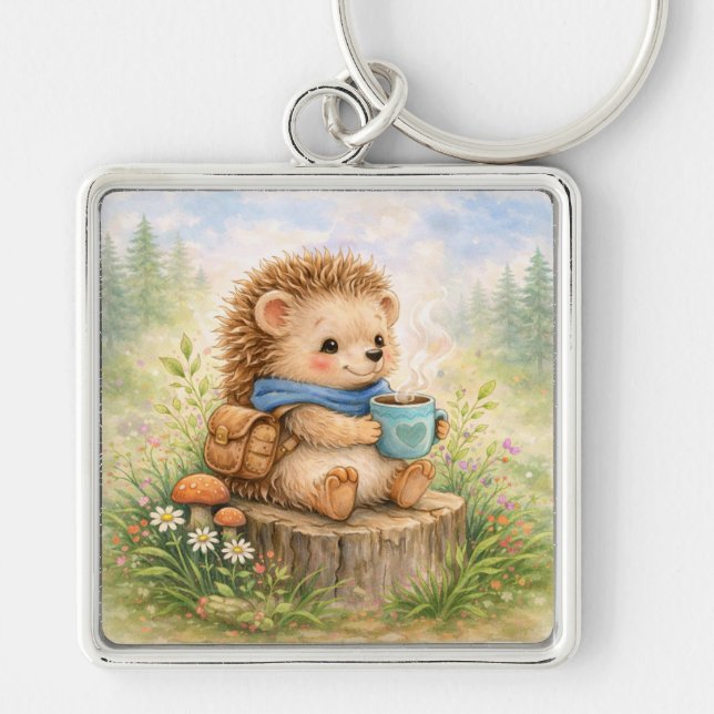 Cute Woodland Hedgehog With Mug Fyrkantig Silverfärgad Nyckelring (Framsidan)