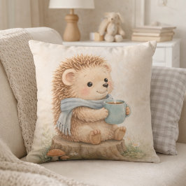 Cute Woodland Hedgehog with Mug Neutral Kids Room Kudde