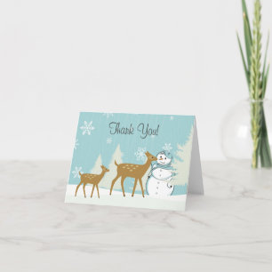 Cute Woodland Hjort med Snögubbe Winter Tack Kort