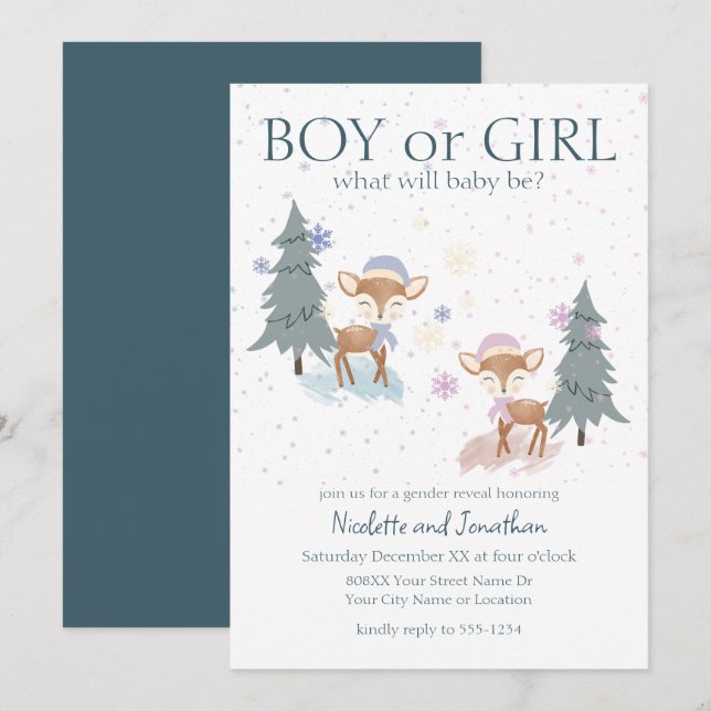 Cute Woodland Hjort Winter Baby Gender Reveal Inbjudningar (Fram/baksida)