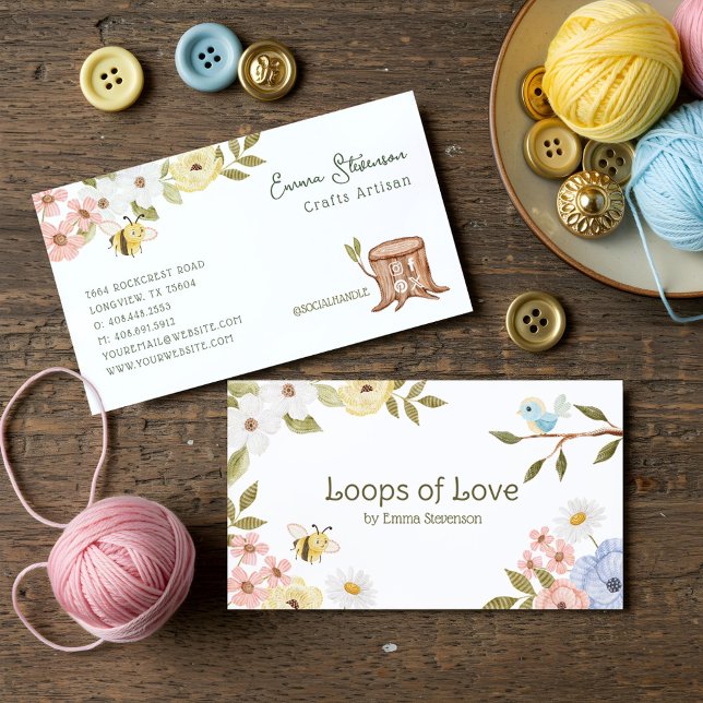 Cute Woodland Knissions Bee & Bird Blommigt Crafte Visitkort (Cute Woodland Knitted Bee & Bird Floral Crafters Business Card)