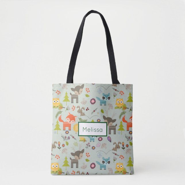 Cute Woodland KreatAnimal Mönster med Namn Tygkasse (Framsida)