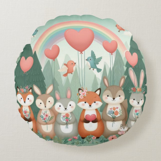 Cute Woodland Kreature rainbow valentine Rund Kudde (Framsidan)