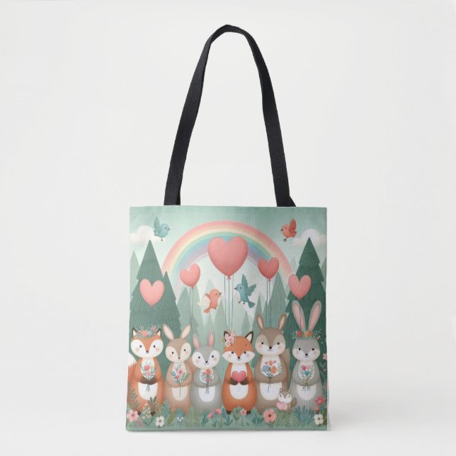 Cute Woodland Kreature rainbow valentine Tygkasse (Framsida)