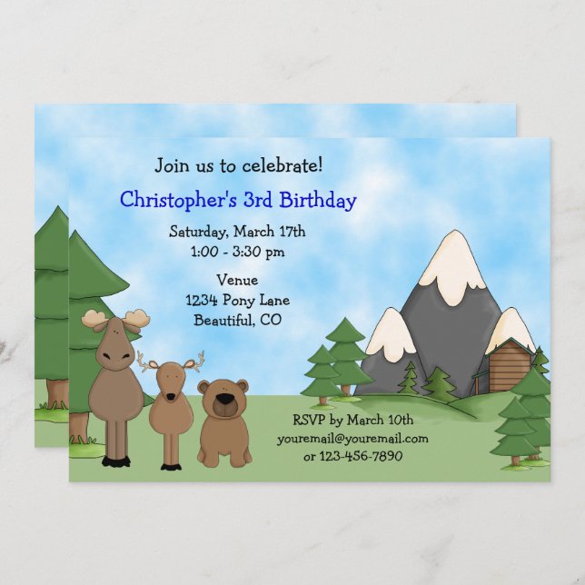 Cute Woodland Mountain Animals Boy's Birthday Inbjudningar (Fram/baksida)