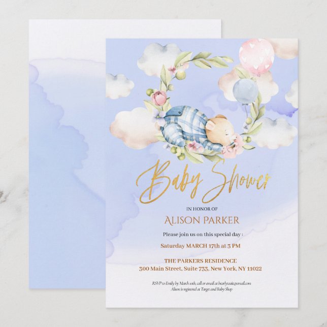 Cute Woodland Nalle Boy Baby Shower Inbjudningar (Fram/baksida)