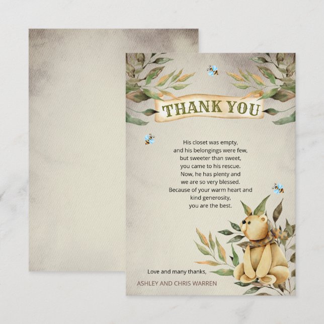 Cute Woodland Nalle Boy Baby Shower Tack Kort (Fram/baksida)