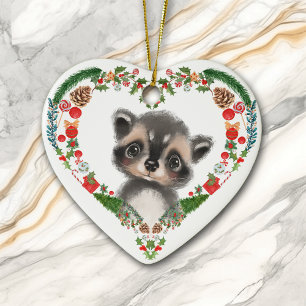 Cute Woodland Raccoon Hjärtkrans Helgdag Julgransprydnad Keramik