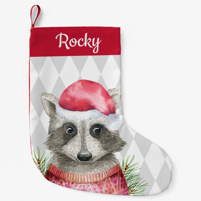 Cute Woodland Raccoon i Santa Hat Liten Julstrumpa (Framsidan)