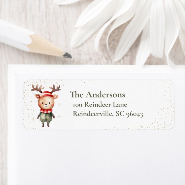 Cute Woodland Reindeer jul Elf Returadress Etikett (Insitu)