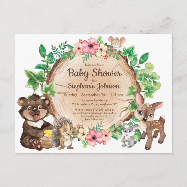Cute Woodland Rustic Watercolor Animal Baby Shower Vykort (Framsida)