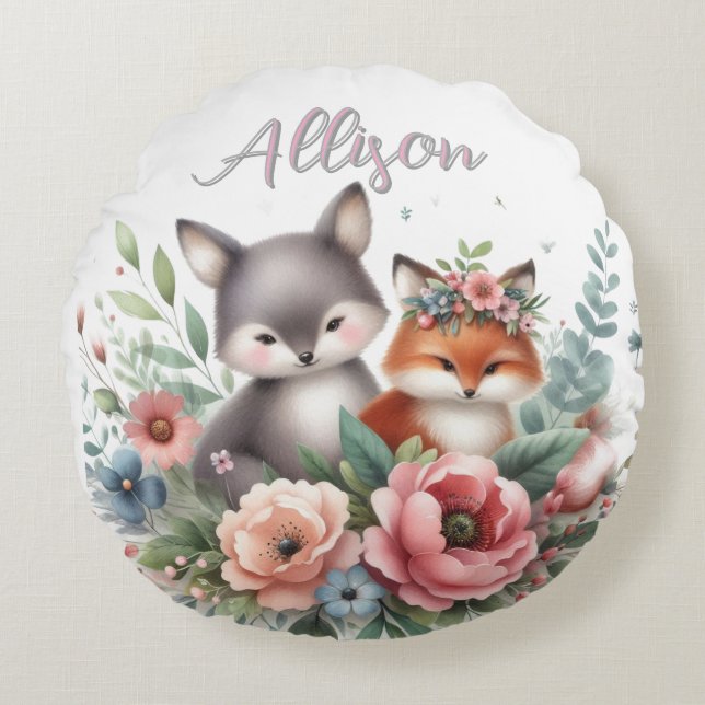 Cute Woodland Silver och Red Fox Round Pillow Rund Kudde (Framsidan)