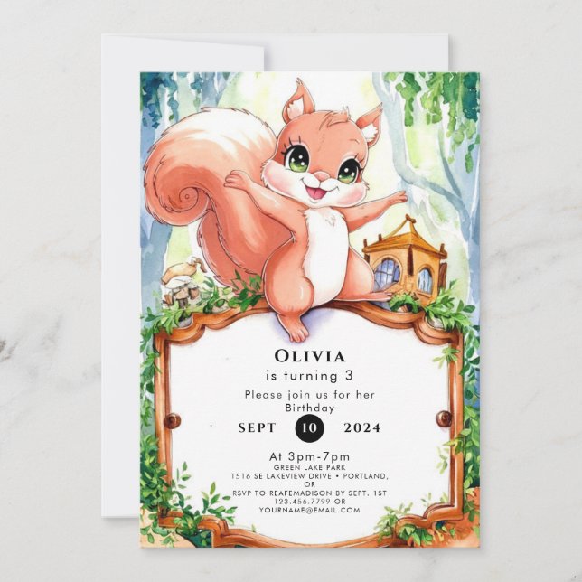 Cute Woodland Squirrel Birthday Inbjudningar (Framsida)
