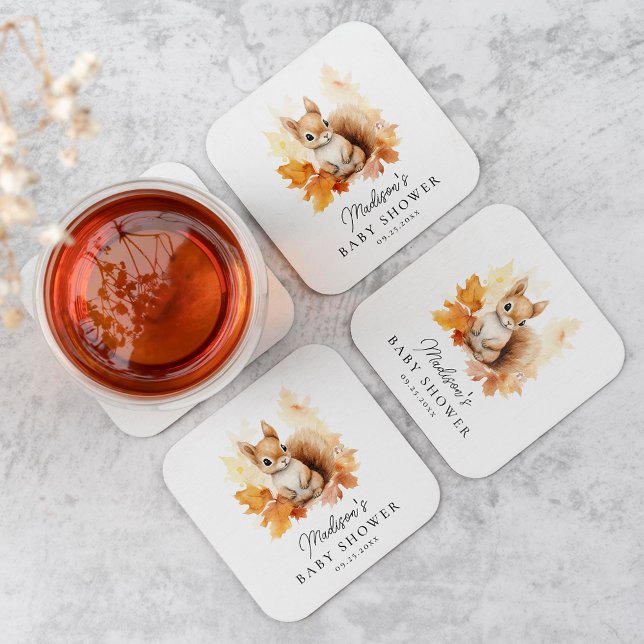 Cute Woodland Squirrel Fall Baby Shower Underlägg Papper Kvadrat (Skapare uppladdad)