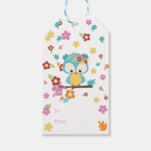Cute Woodland Uggla & Flowers Flicka Baby Shower Presentetikett (Framsidan)
