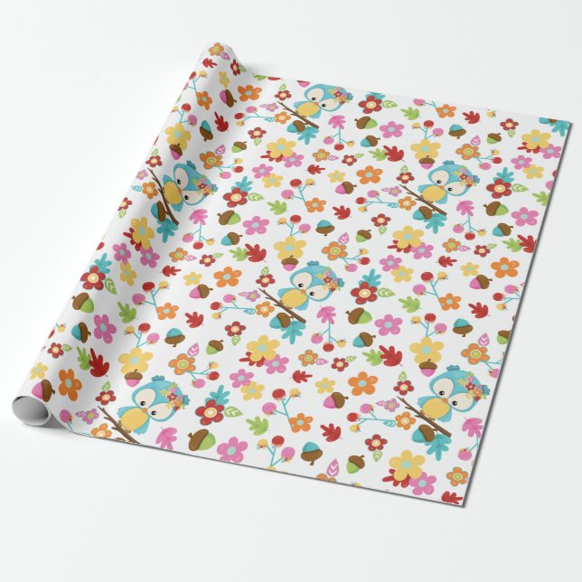 Cute Woodland Uggla & Flowers Flicka Baby Shower Presentpapper (Utrullad)