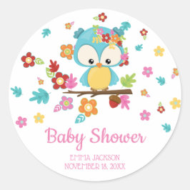 Cute Woodland Uggla & Flowers Flicka Baby Shower Runt Klistermärke