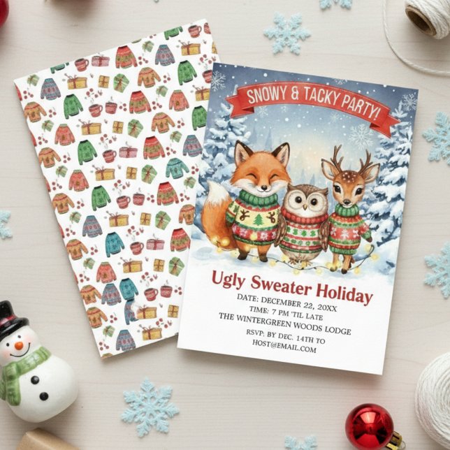 Cute Woodland Ugly Sweater Holiday Watercolor  Inbjudningar (Skapare uppladdad)