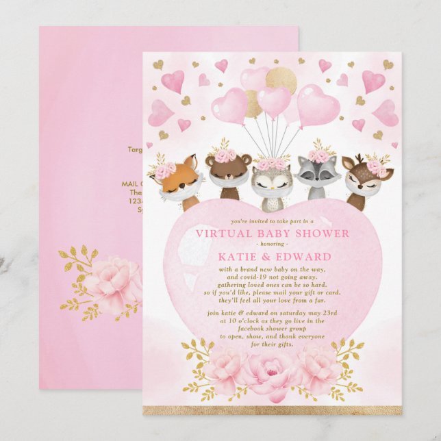 Cute Woodland Valentiness Flickor Virtuellare baby Inbjudningar (Fram/baksida)