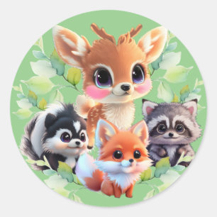 Cute Woodland-vänner rävskunk raccoon hjort Runt Klistermärke
