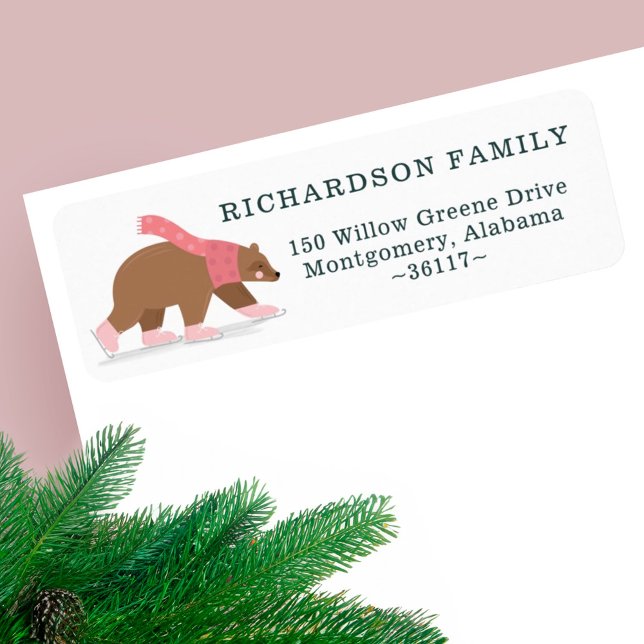 Cute Woodland Winter Bear Ice Skating Adress Returadress Etikett (Cute Woodland Winter Bear Ice Skating Address Label)