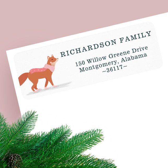 Cute Woodland Winter Fox Ice Skating Adress Returadress Etikett (Cute Woodland Winter Fox Ice Skating Address Label)