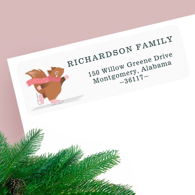 Cute Woodland Winter Squirrel Ice Skating Adress Returadress Etikett (Cute Woodland Winter Squirrel Ice Skating Address Label)