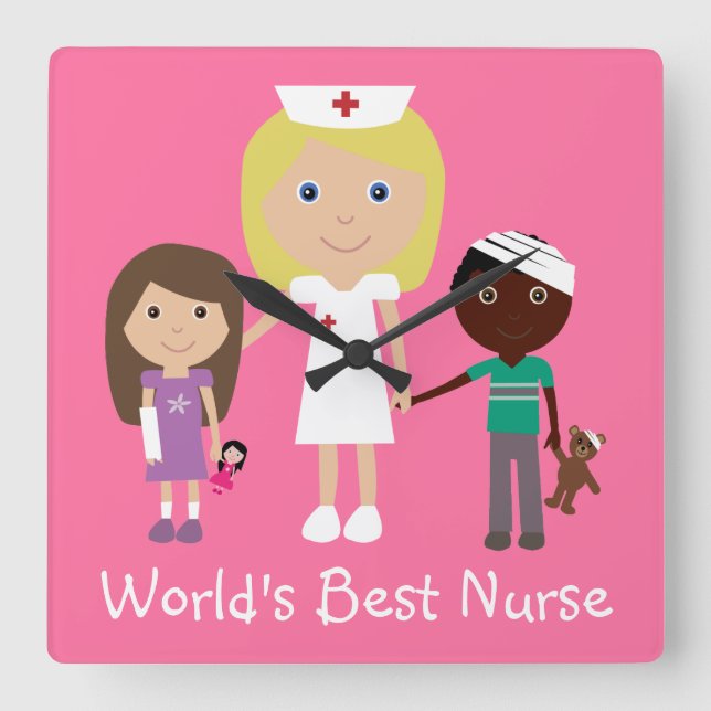 Cute World's Best Nurse med Kids Rosa Clock Fyrkantig Klocka (Framsida)