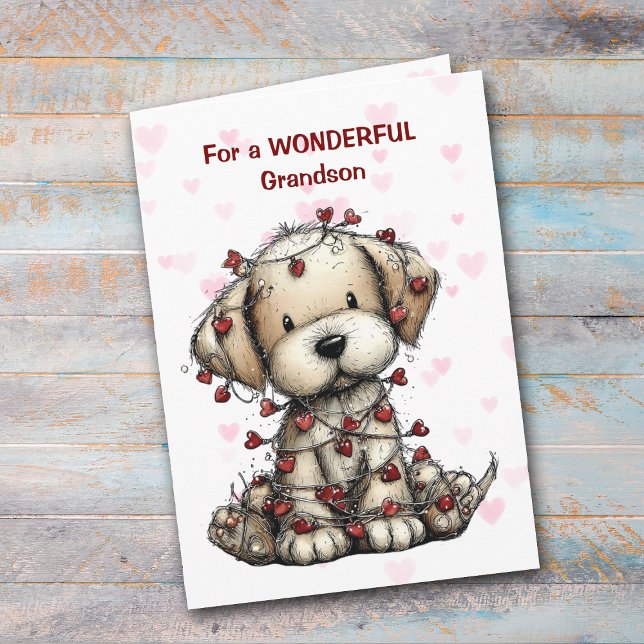 Cute Wrapped in Hearts Pup Grandson Valentine Card Helgkort (Skapare uppladdad)