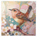 Cute Wren Bird Art nouveau Deco Inspo Blommigt Kakelplatta<br><div class="desc">"Brunt orange,  fågelkonst",  "pastel perched on gren",  "rosa blomma vår blommars",  "blommigt blommor körsry blommar",  "feminin colorful multifärgad sakura",  "contemporary gustav klimt inspirerad",  "Japansk art deco nouveau",  "söt modern kinesisk",  "arty botanical asian oriental",  "girly blue" Söta vilda djur"</div>