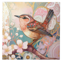 Cute Wren Bird Art nouveau Deco Inspo Blommigt Kakelplatta