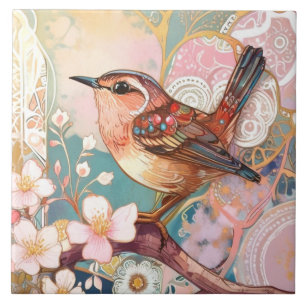 Cute Wren Bird Art nouveau Deco Inspo Blommigt Kakelplatta