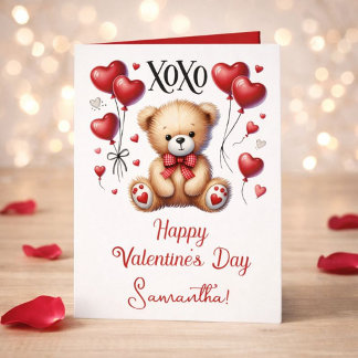 Cute XOXO Bear with Heart Balloons Helgkort