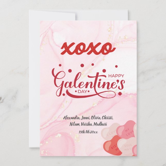 Cute XOXO Rosa Marble Glitter Galentine's Day Inbjudningar (Framsida)