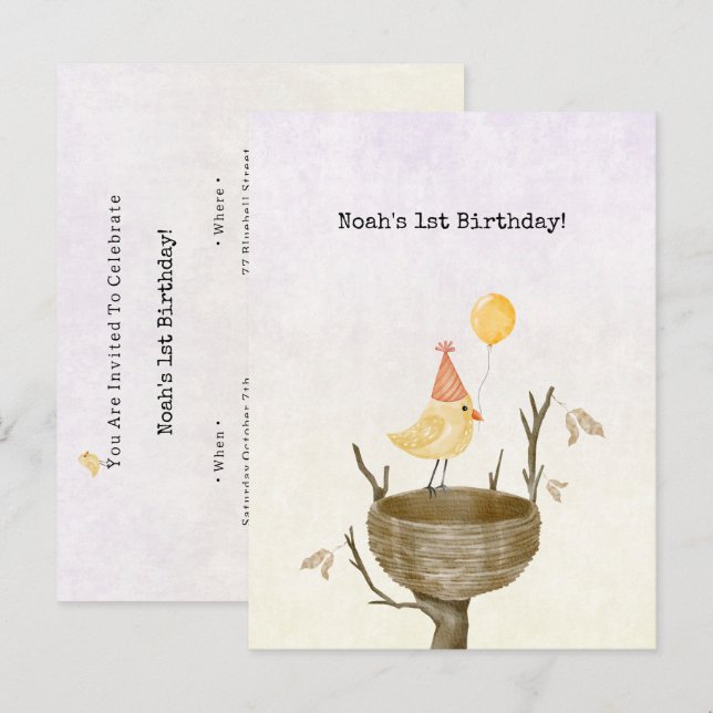 Cute Yellow Baby Bird With Balloon Invitation Brie Vykort (Fram/baksida)