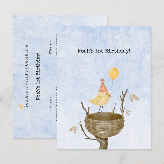 Cute Yellow Baby Bird With Balloon Invitation Vykort (Fram/baksida)