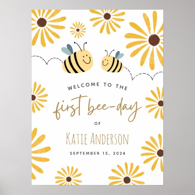 Cute Yellow Bee Sunflower First Bee-day Welcome Poster (Framsidan)