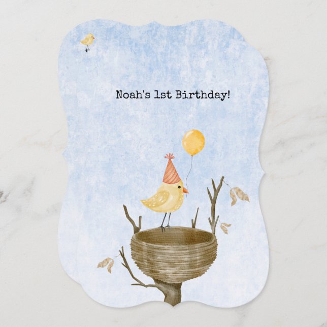 Cute Yellow Bird With Balloon Birthday Invitation Inbjudningar (Fram/baksida)