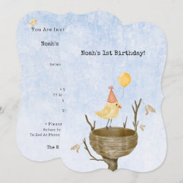 Cute Yellow Bird With Balloon Birthday Invitation Inbjudningar