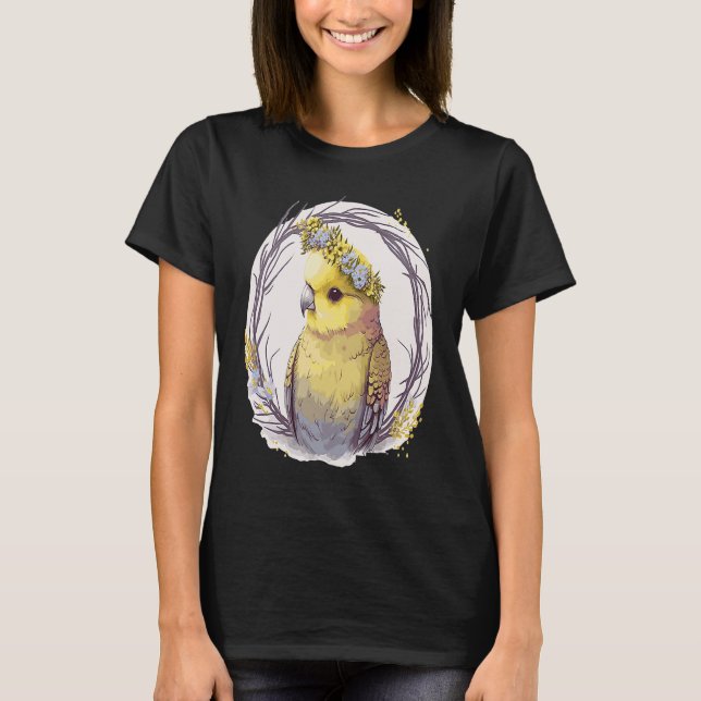 Cute Yellow Budgie Parakeet Bird Flower Crown Pet  T Shirt (Framsida)