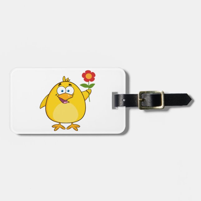 Cute Yellow Cartoon Chick with Flower Bagagebricka (Horisontell Framsida)
