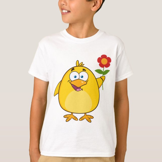 Cute Yellow Cartoon Chick with Flower T Shirt (Framsida)
