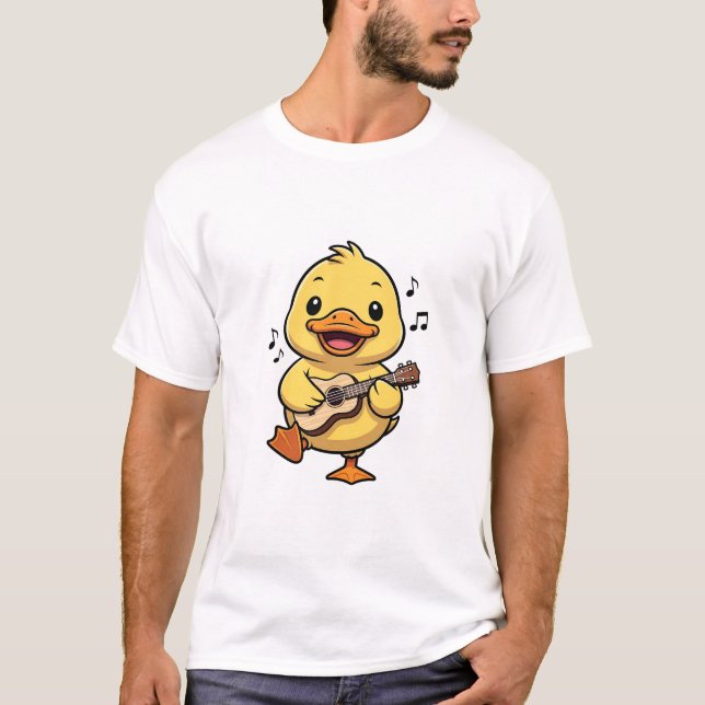 Cute Yellow Cartoon Duck Playing Ukulele T Shirt (Framsida)