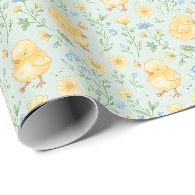 Cute Yellow Chicks and Flowers Pattern Presentpapper (Rullad Hörn)