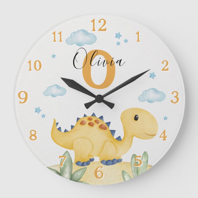 Cute Yellow Dinosaur Nursery Large Clock Personali Stor Klocka (Framsida)