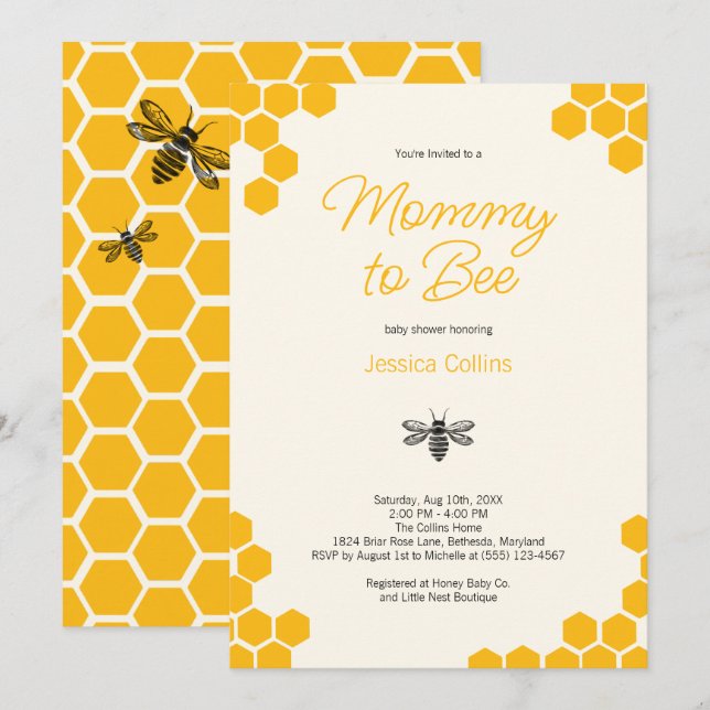 Cute Yellow Honeycomb Mommy to Bee Baby Shower Inbjudningar (Fram/baksida)