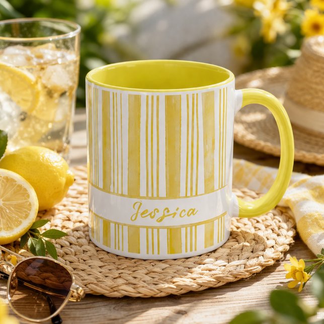 Cute Yellow Striped Custom Name Coffee Mugg (Skapare uppladdad)