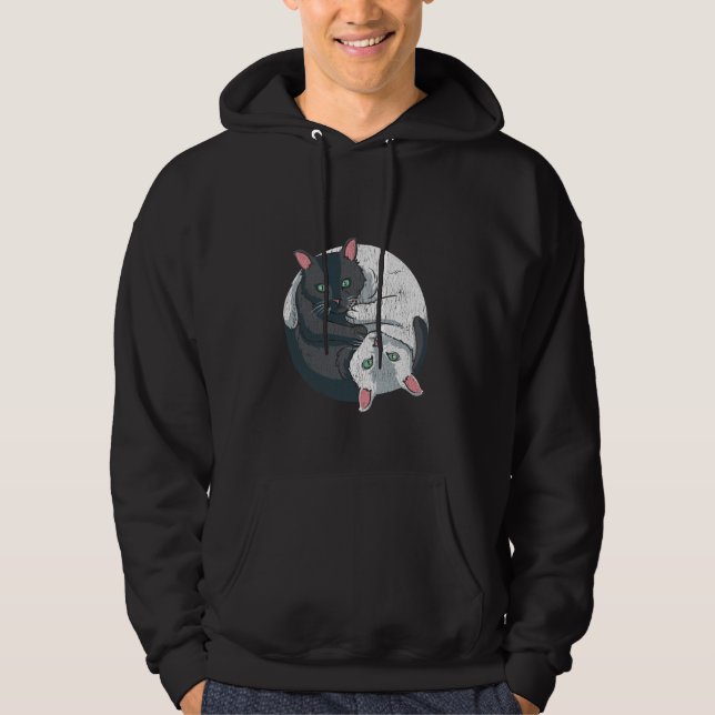 Cute Yin Yang Cat Black White Andlig Kitten Hoodie (Framsida)